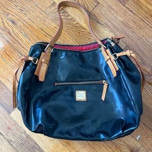 Vintage Dooney & Bourke Black Patent Leather Bag Brown Leather Detail Red Inside